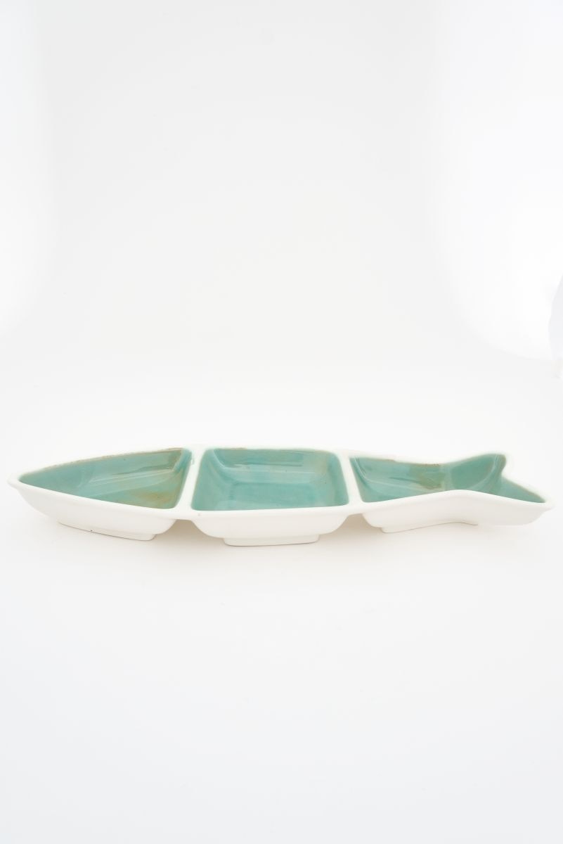 D7818 - Fish Tray In 3 Sections, Ceramic, Seafoam, L: 15.3" - W: 5.1" - H: 1.5" (x2)
